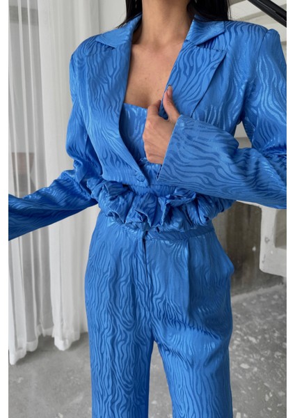 Fh Fashionhere Jakarlı Bluzu Tasarım Detaylı Ceket-Pantolon-Bluz 3 Lü Takım - Mavi