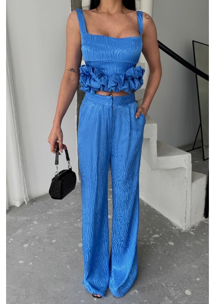 Fh Fashionhere Jakarlı Bluzu Tasarım Detaylı Ceket-Pantolon-Bluz 3 Lü Takım - Mavi