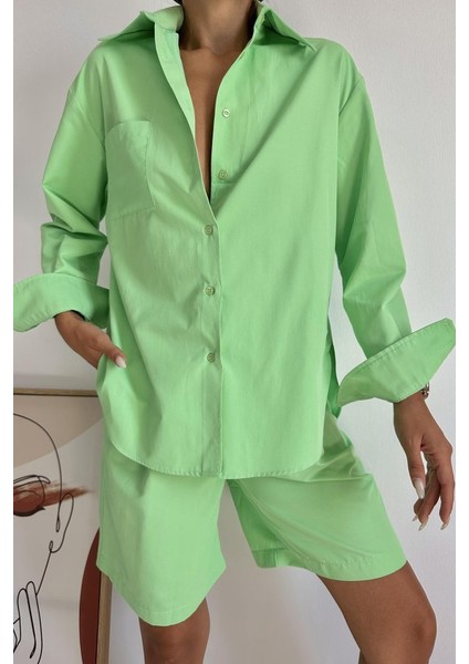 Fh Fashionhere Fıstık Yeşili Önü Cepli Gömlek ve Şort Takım