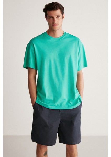 Jett Erkek Oversize Fit %100 Pamuk Kalın Dokulu Yeşil T-shirt