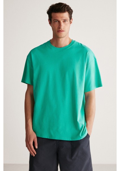 Jett Erkek Oversize Fit %100 Pamuk Kalın Dokulu Yeşil T-shirt fiyatları