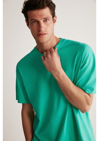 Jett Erkek Oversize Fit %100 Pamuk Kalın Dokulu Yeşil T-shirt modelleri