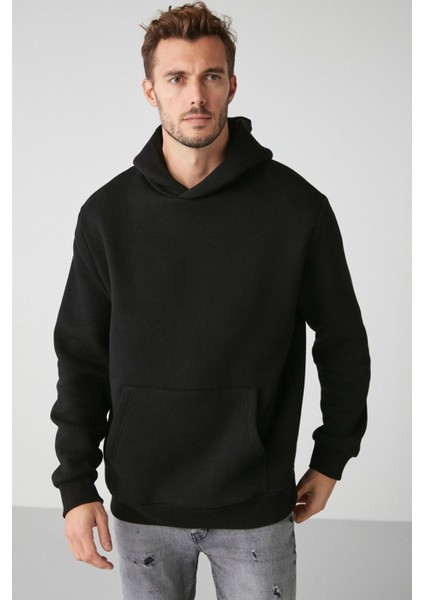 Draco Erkek Yumuşacık Kumaşlı Örme 3 Iplik Oversize Kapüşonlu Kanguru Cepli Siyah Sweatshirt