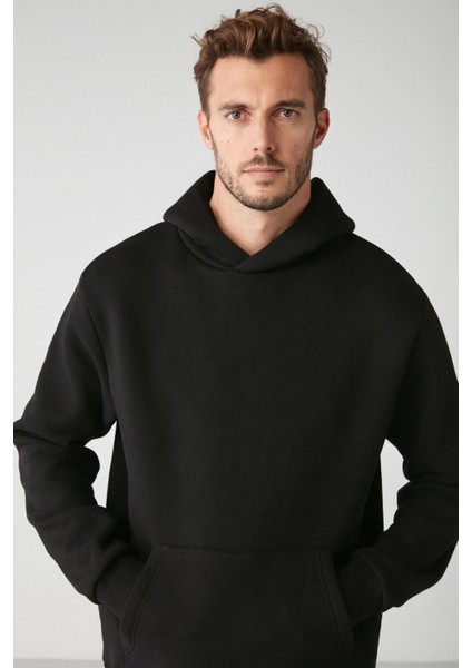 Draco Erkek Yumuşacık Kumaşlı Örme 3 Iplik Oversize Kapüşonlu Kanguru Cepli Siyah Sweatshirt
