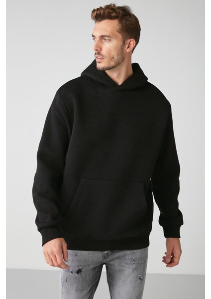 Draco Erkek Yumuşacık Kumaşlı Örme 3 Iplik Oversize Kapüşonlu Kanguru Cepli Siyah Sweatshirt