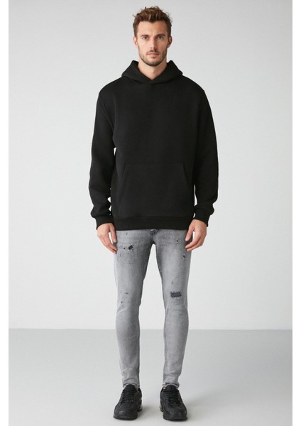 Draco Erkek Yumuşacık Kumaşlı Örme 3 Iplik Oversize Kapüşonlu Kanguru Cepli Siyah Sweatshirt