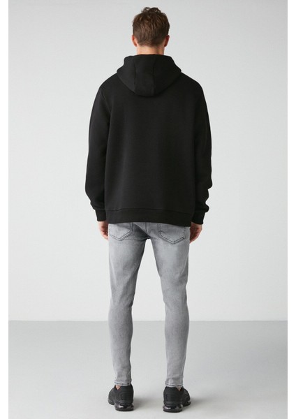 Draco Erkek Yumuşacık Kumaşlı Örme 3 Iplik Oversize Kapüşonlu Kanguru Cepli Siyah Sweatshirt
