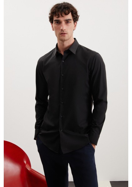 Branham Erkek Ultra Esnek Pamuk Elastan Kumaşlı Slim Fit Poplin Siyah Gömlek modelleri