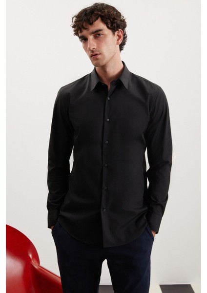 Branham Erkek Ultra Esnek Pamuk Elastan Kumaşlı Slim Fit Poplin Siyah Gömlek fırsatları