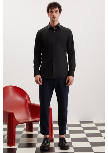 Branham Erkek Ultra Esnek Pamuk Elastan Kumaşlı Slim Fit Poplin Siyah Gömlek indirimleri
