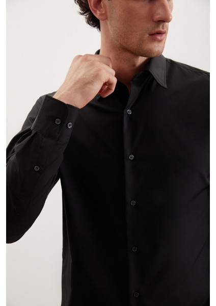 Branham Erkek Ultra Esnek Pamuk Elastan Kumaşlı Slim Fit Poplin Siyah Gömlek