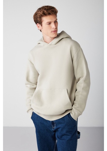 Draco Erkek Yumuşacık Kumaşlı Örme 3 Iplik Oversize Kapüşonlu Kanguru Cepli Taş Rengi Sweatshirt