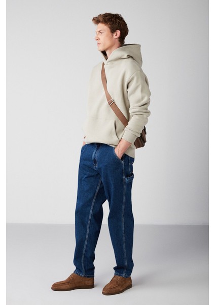 Draco Erkek Yumuşacık Kumaşlı Örme 3 Iplik Oversize Kapüşonlu Kanguru Cepli Taş Rengi Sweatshirt