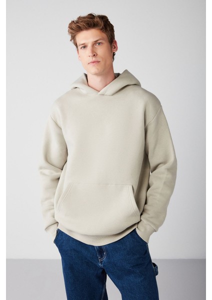 Draco Erkek Yumuşacık Kumaşlı Örme 3 Iplik Oversize Kapüşonlu Kanguru Cepli Taş Rengi Sweatshirt