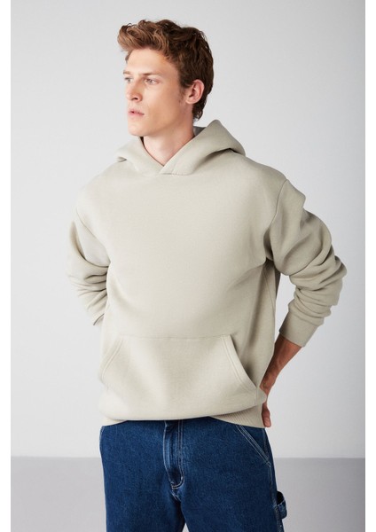 Draco Erkek Yumuşacık Kumaşlı Örme 3 Iplik Oversize Kapüşonlu Kanguru Cepli Taş Rengi Sweatshirt