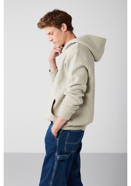 Draco Erkek Yumuşacık Kumaşlı Örme 3 Iplik Oversize Kapüşonlu Kanguru Cepli Taş Rengi Sweatshirt