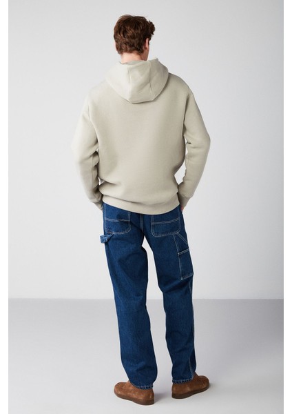 Draco Erkek Yumuşacık Kumaşlı Örme 3 Iplik Oversize Kapüşonlu Kanguru Cepli Taş Rengi Sweatshirt