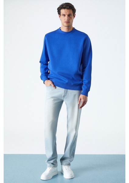 Travis Erkek Yumuşacık Kumaşlı Regular Fit Yuvarlak yakalı Saks Mavi Sweatshirt
