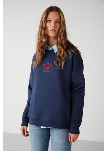 Adrıelle Relaxed Fit Nakış Baskılı Örme Bisiklet Yaka Lacivert Sweatshirt