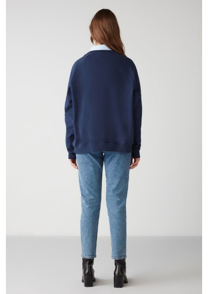 Adrıelle Relaxed Fit Nakış Baskılı Örme Bisiklet Yaka Lacivert Sweatshirt