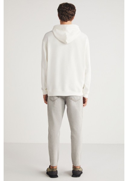 Aleksi Erkek Kapüşonlu Çitçit Detaylı Kanguru Cepli Baskılı Ekru Sweatshirt