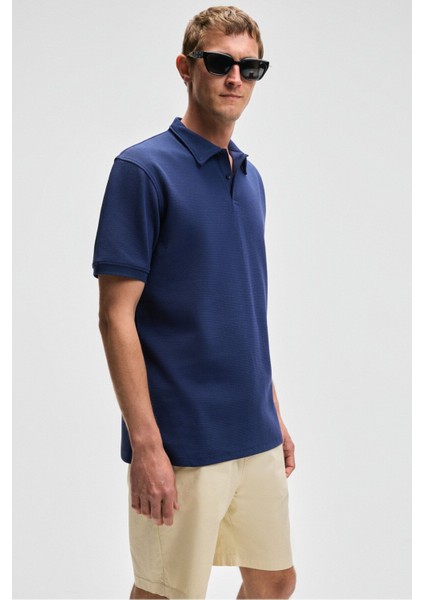 Laporte Erkek Dokulu Kumaşlı Slim Fit Lacivert Polo Yaka T-Shirt