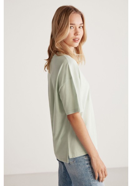 Jemmy Kadın Basic Süprem Dokuma Relaxed %100 Organik Pamuk Mint Yeşil T-shirt