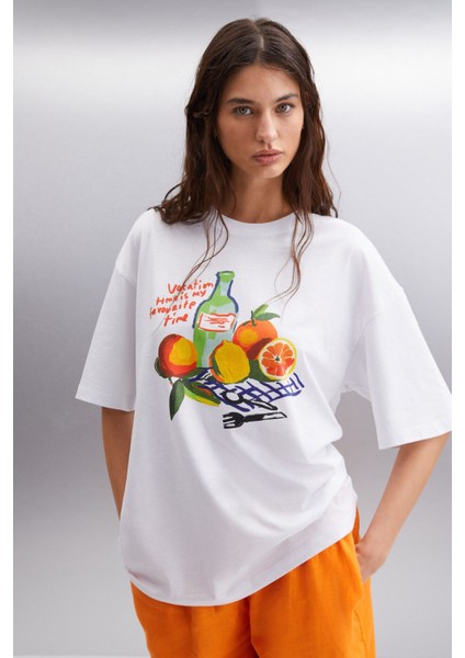 Nıtza Kadın %100 Pamuk Oversize Bisiklet Yaka Beyaz T-shirt