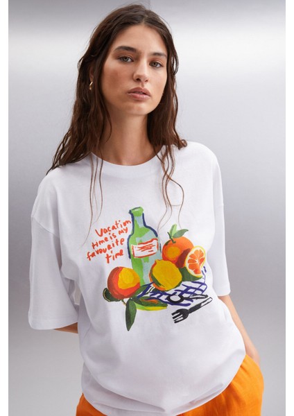 Nıtza Kadın %100 Pamuk Oversize Bisiklet Yaka Beyaz T-shirt