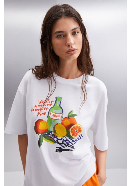 Nıtza Kadın %100 Pamuk Oversize Bisiklet Yaka Beyaz T-shirt
