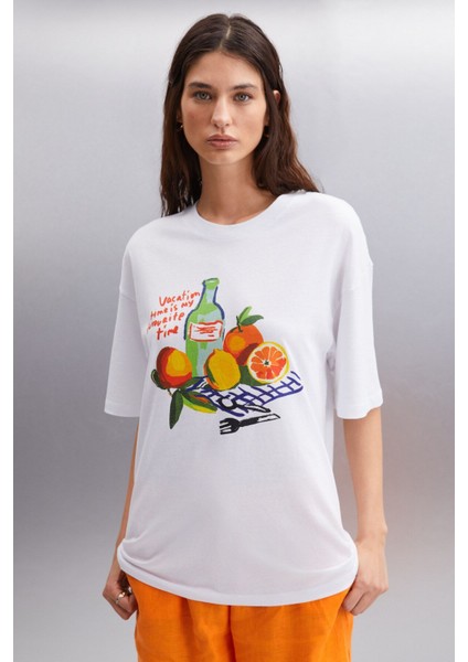 Nıtza Kadın %100 Pamuk Oversize Bisiklet Yaka Beyaz T-shirt