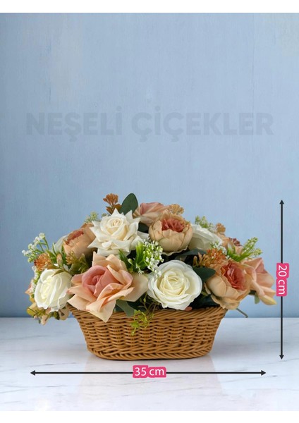 Yapay Çiçek Masa Üstü Dekor Somon Krem Güller Şakayıklarla Aranjman Dekoratif Çiçek Sepeti 35X22X26 cm Bayram Hediyesi