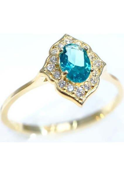 Gümüş Yüzük - Mavi Topaz Oval Kesim Yan Zirkon Taşlı Modern Tasarım 925 Ayar Gümüş Yüzük Tektaş Günlük-Hediyelik