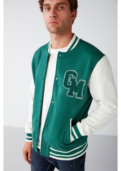 Advanced Erkek Bomber Üç Boyutlu Aplikeli Çıt Çıtlı Bomber Yeşil Sweatshirt
