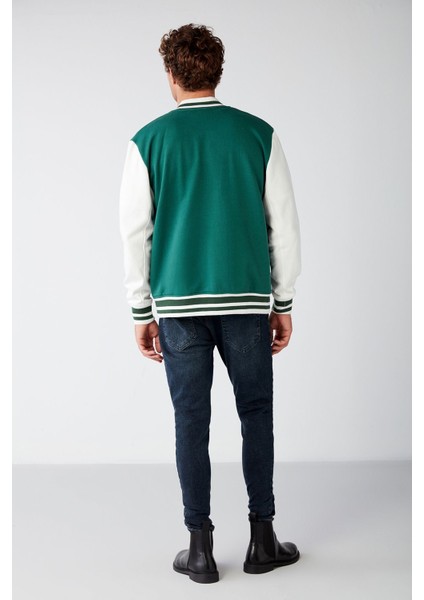Advanced Erkek Bomber Üç Boyutlu Aplikeli Çıt Çıtlı Bomber Yeşil Sweatshirt