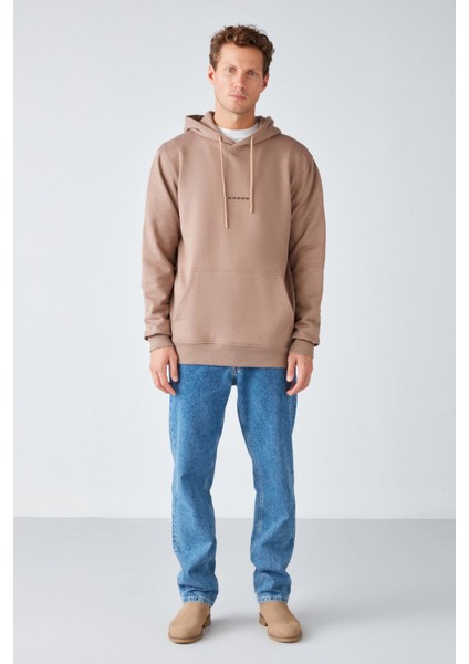 Epic Erkek Yumusaçık Kumaşlı Kapüşonlu Kordonlu Regular Fit Nakışlı Vizon Sweatshirt