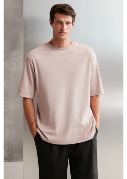 Joel Erkek %100 Organik Pamuklu Kalın Kumaşlı Özel Dokulu Etiket Detaylı Oversize Pembe T-shirt