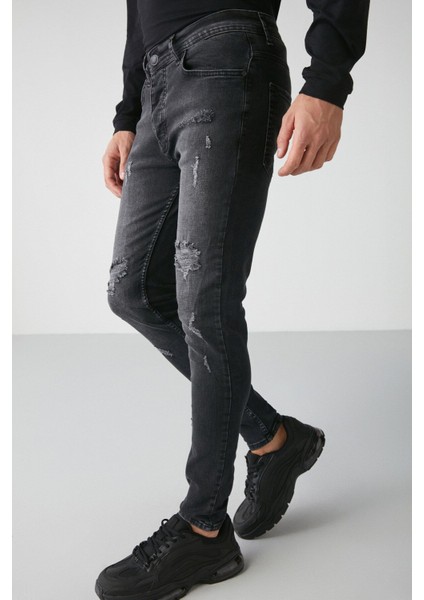 Faır Erkek Yıpratmalı Skınny Kalıplı Kalın Dokulu Esnek Gri Jeans