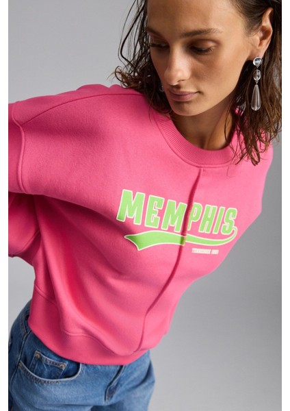 Daleska Kadın Şehir Temalı Baskı Detaylı Yumuşak Organik Pamuk Şardonlu Regular Pembe Sweatshirt