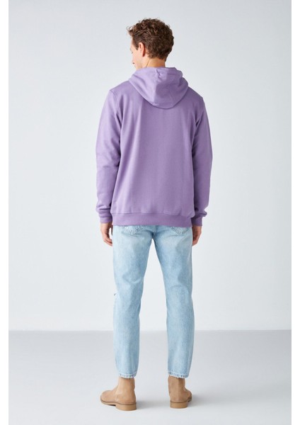 Epıc Erkek Yumusaçık Kumaşlı Kapüşonlu Kordonlu Regular Fit Nakışlı Mor Sweatshirt
