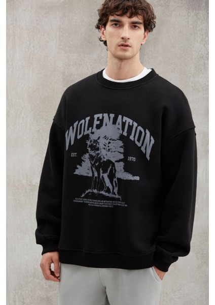 Carsten Erkek Yumuşacık Kumaşlı Oversize Fit Yuvarlak Yakalı Kolej Baskılı Siyah Sweatshirt modelleri