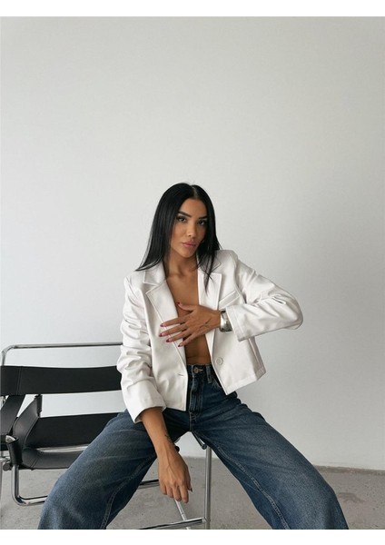Fh Fashionhere Deri Crop Ceket Tek Düğme - Beyaz