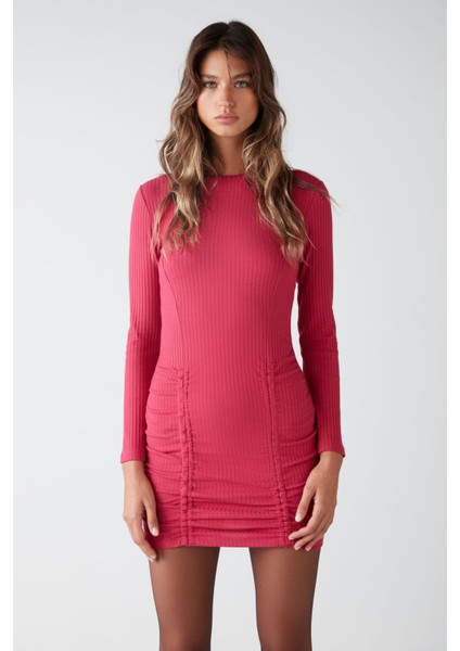 Belıssa Kadın Geniş Fitilli Esnek Kumaşlı Vücudu Saran Bodycon Buzgülü Mini Fuşya Elbise modelleri