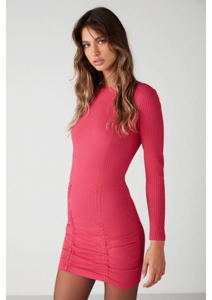 Belıssa Kadın Geniş Fitilli Esnek Kumaşlı Vücudu Saran Bodycon Buzgülü Mini Fuşya Elbise fırsatları