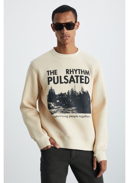 YANKE Erkek Pamuk-Polyester Boğazlı Bej Sweatshirt