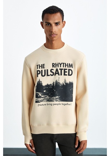 YANKE Erkek Pamuk-Polyester Boğazlı Bej Sweatshirt