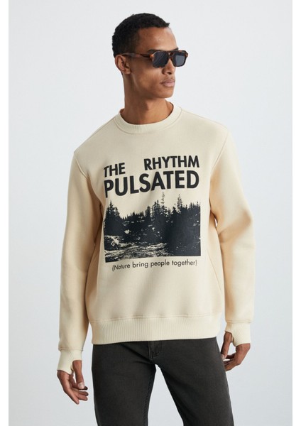 YANKE Erkek Pamuk-Polyester Boğazlı Bej Sweatshirt