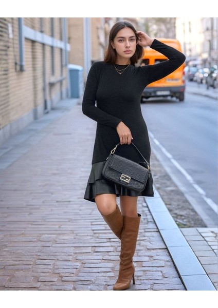 Fh Fashionhere Kadın Uzun Kollu Bisiklet Yaka Üst Viskon Etek Ucu Deri Kısa Elbise