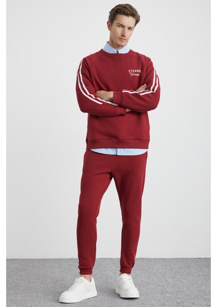 Lastıng Erkek Organik Pamuklu Nakışlı Içi Polarlı Cepli Jogger Bordo Eşofman Altı