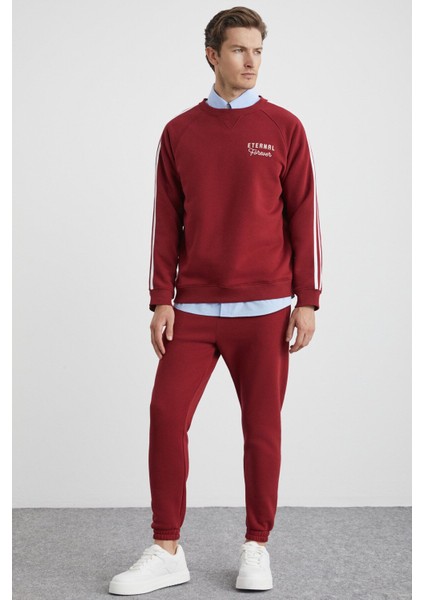 Lastıng Erkek Organik Pamuklu Nakışlı Içi Polarlı Cepli Jogger Bordo Eşofman Altı